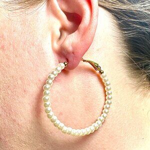 40mm Pearl Hoop Earrings Stainless Steel Gold Plated Leverback Jewelry Gift